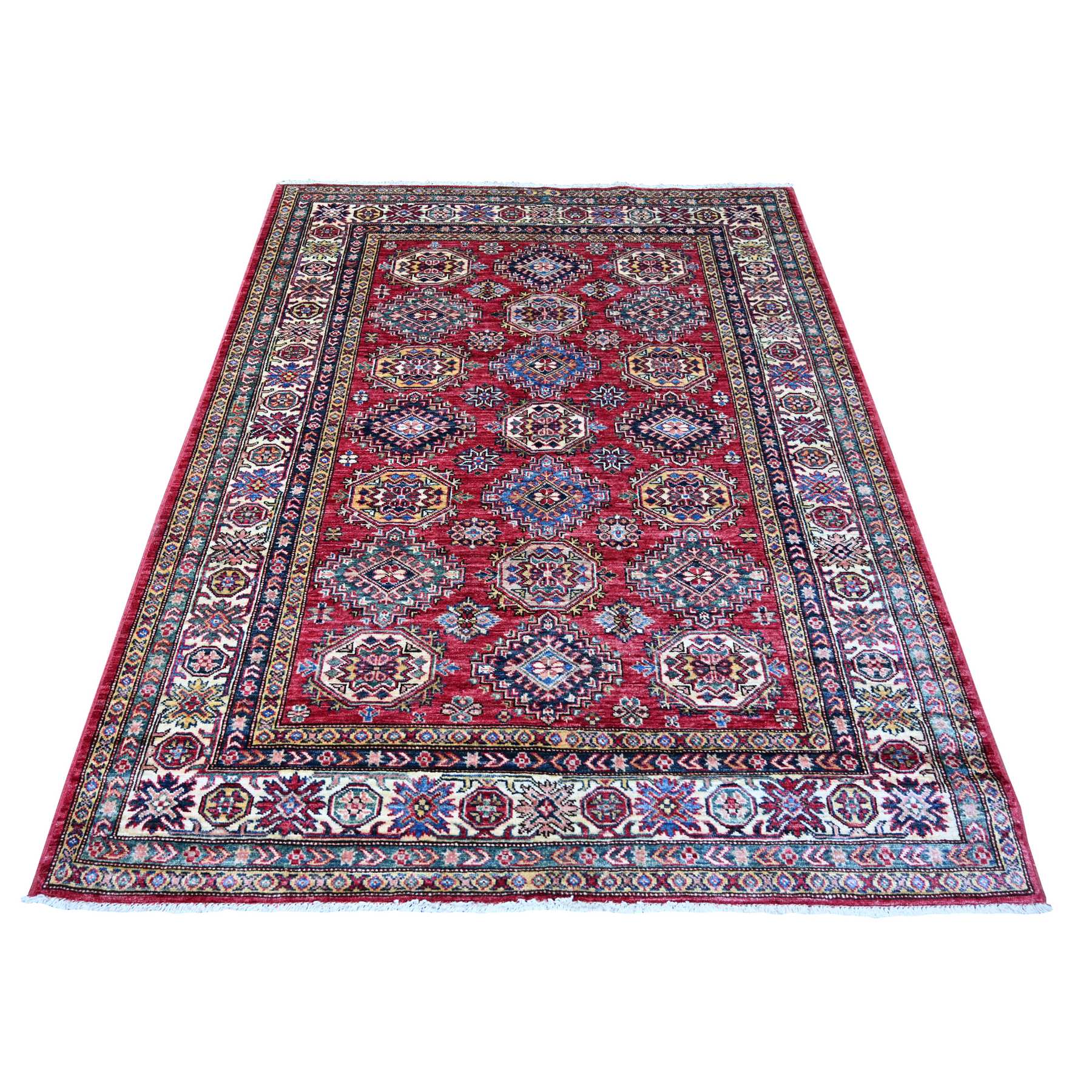 Savvy Red, Afghan Super Kazak with Geometric Medallions Design, Hand Knotted, Velvety Wool, Vegetable Dyes, Oriental Rug
